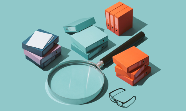 Graphic of a collection of folders and files laid out next to an oversized magnifying glass