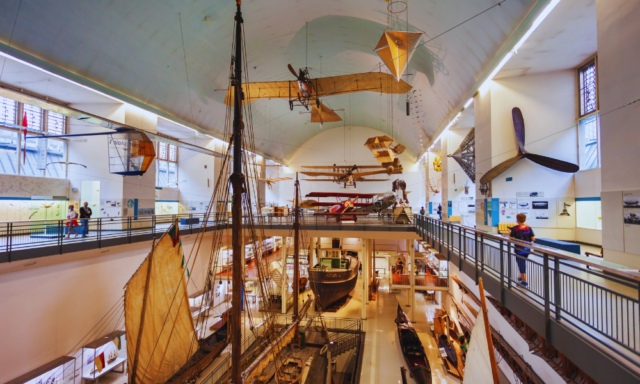 View from above of a history museum filled with artifacts.