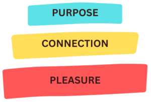 A graphic of a pyramid showing pleasure at the base, then connection, then purpose.