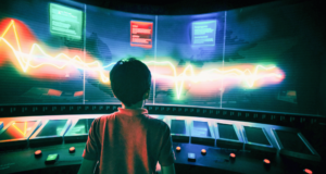 September 18-19 | Virtual Conference: Museums, Games & Play Summit View from behind of a boy engaging with an interactive computer exhibit at a museum.