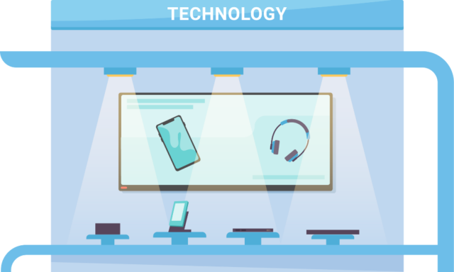 Illustration with tech devices displayed -- phones, tablets, headphones