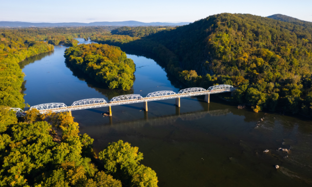 Aerial view of the Point of Rocks bridge over Seneca Lake, Gaithersburg, Maryland, United States