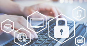 Museum Cybersecurity: Key Resources and Action Steps To Take Today icons representing cybersecurity overlayed on an image of hands typing at a keyboard