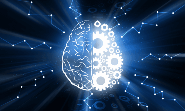 graphic of a brain with gears inside to represent AI