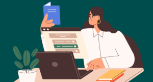 May 14 | Webinar: One of Many Hats: Wearing Your Education Hat and Making It Fit illustration of a woman working at a laptop while reading a book