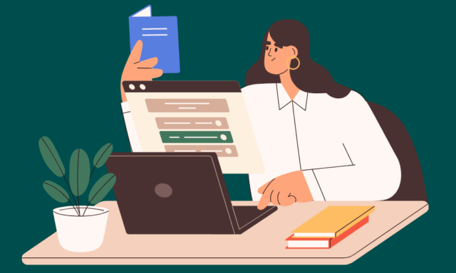 illustration of a woman working at a laptop while reading a book