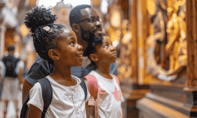budget-friendly low-tech museum ideas 2 children at a museum with their dad