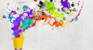 Food for Thought: Museums Are a Crucial Component of Creative Industries and Should Be Funded As Such illustration of a bucket with colors of paint and small icons jumping out