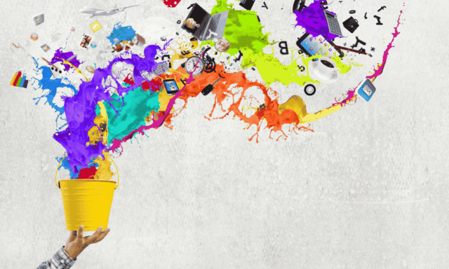 illustration of a bucket with colors of paint and small icons jumping out