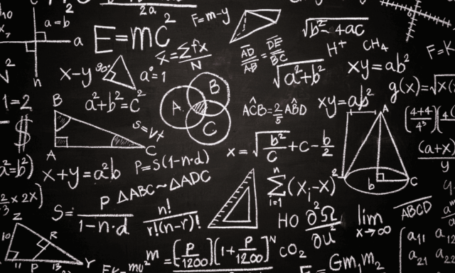 math figures and equations covering a black chalkboard