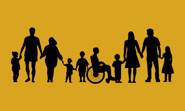 a line of silhouettes of people of different ages and abilities