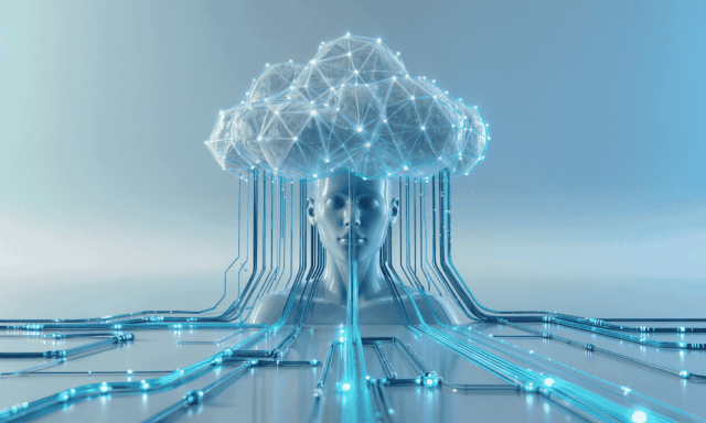 representation of AI, with a cloud above a figure, interconnected with circuits
