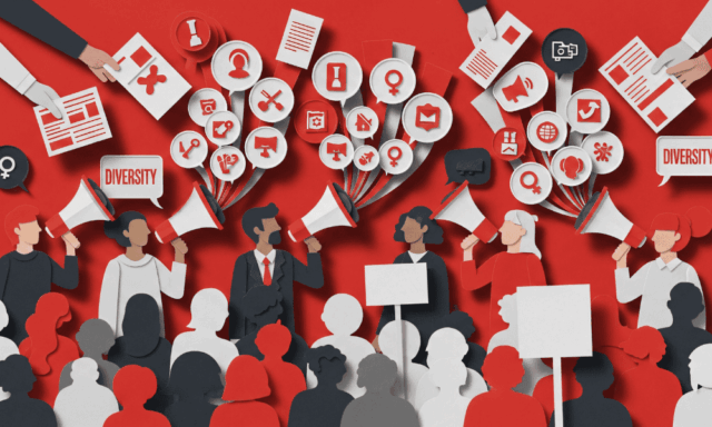 Graphic of people and speech bubbles depicting advocacy