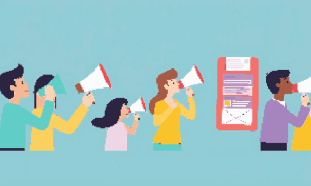 A line of pixelated people with megaphones