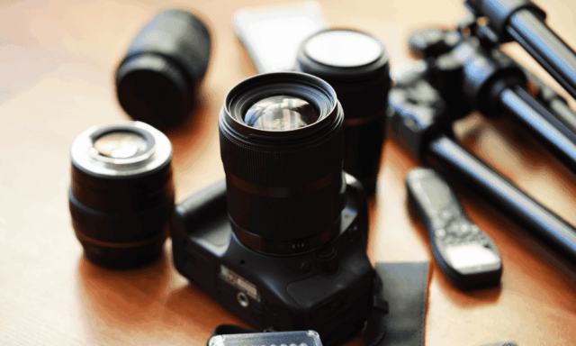 camera and photography equipment on a table