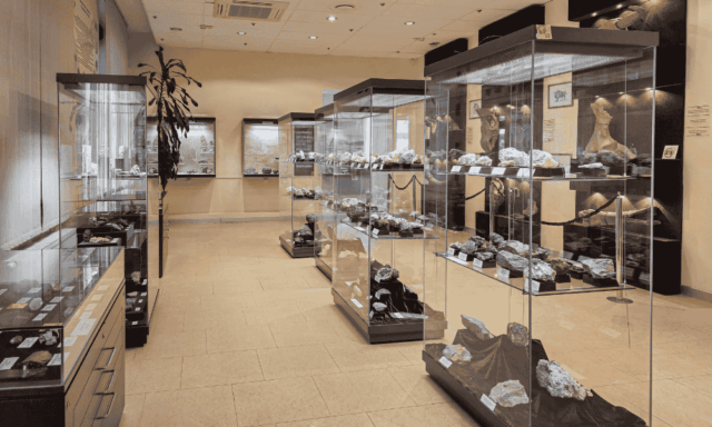Museum gallery filled with display cases of various rocks and objects