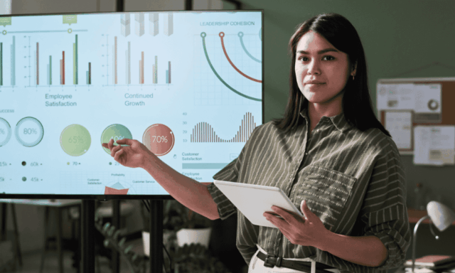 Woman presenting in front of a screen filled with charts