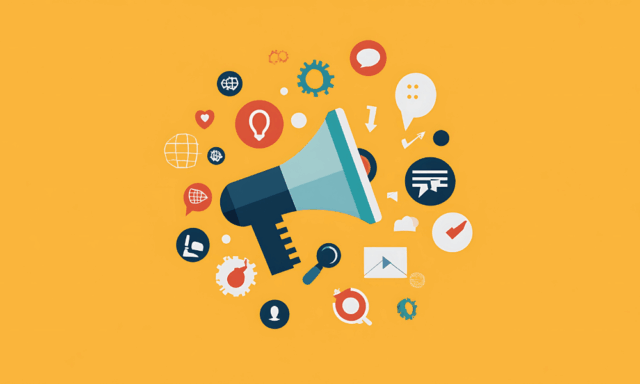 Graphic of a bullhorn surrounded by a variety of little icons