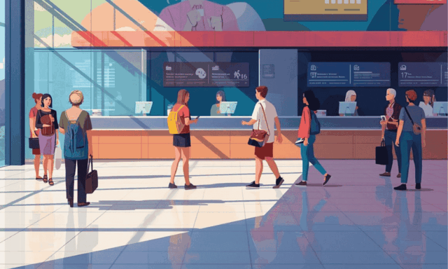 An illustration of museum visitors near a ticket counter